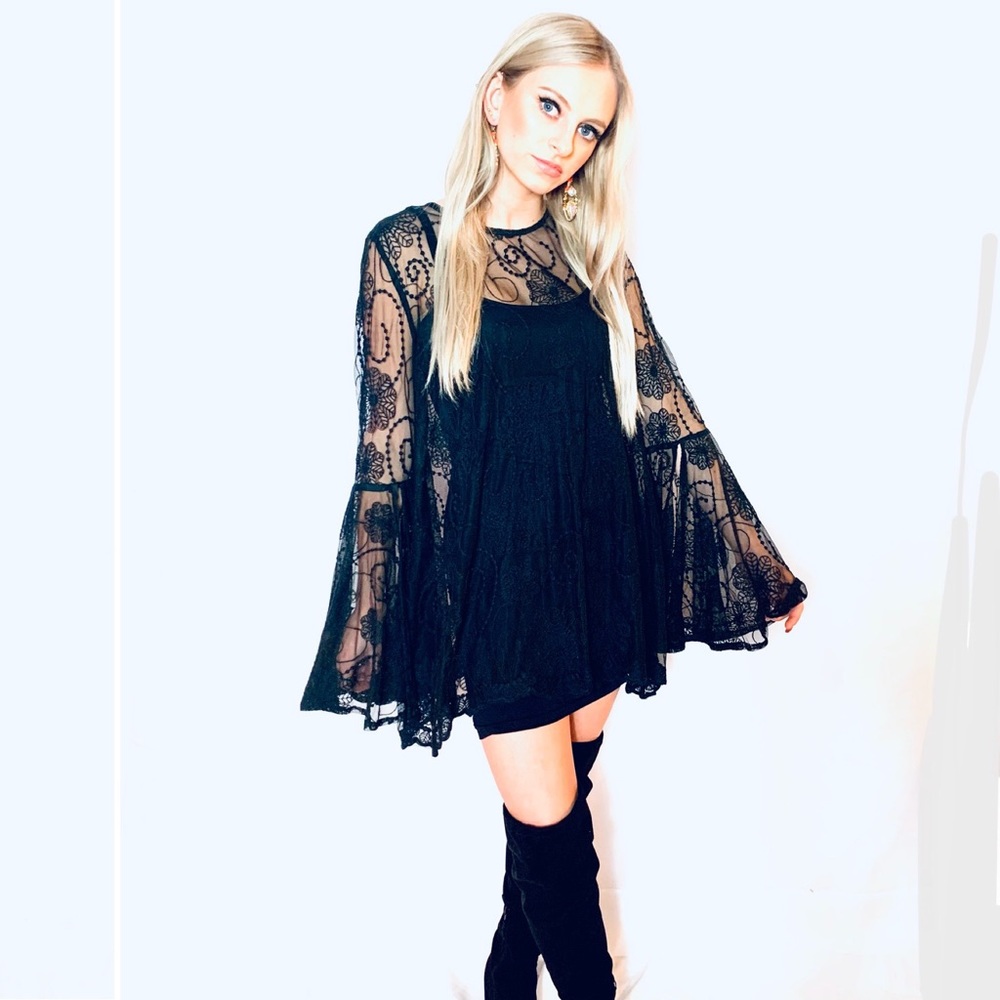 Love Stitch Black Lace Bell Sleeve Mini Dress